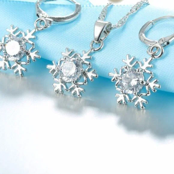 🌟 925 Sterling Silver Necklace Earrings Snowflake Set Drop - Picture 3 of 7